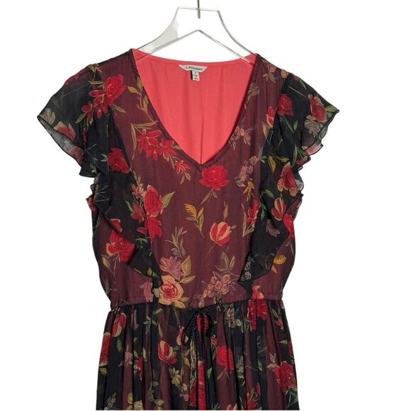 J. Peterman Womens Floral Midi Dress V-Neck Ruffle Sleeves Size 6 Red & Black - Picture 2 of 8